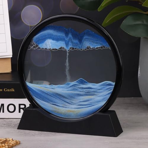 Image of Moving Sand Art Picture Glass Liquid Painting 3D Natural Landscape showpieces for Home Decor Antique Gifts for Kids Office Desktop Decoration Desk Table Decorative Items (Deep Sea Blue)