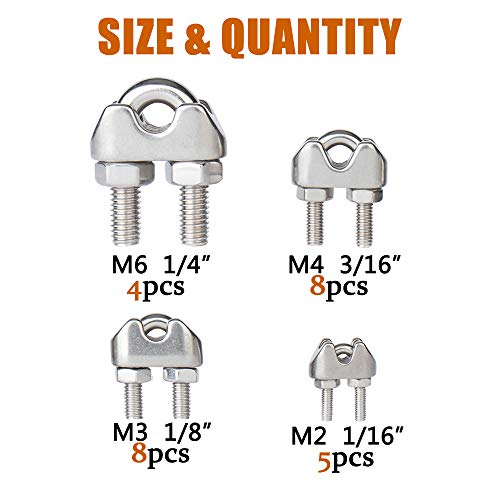 Ispinner SW-25 25Pcs Stainless Steel Wire Rope Cable Clip Clamp Assortment Kit 1/16 Inch 1/8 Inch 3/16 Inch 1/4 Inch thumb #1
