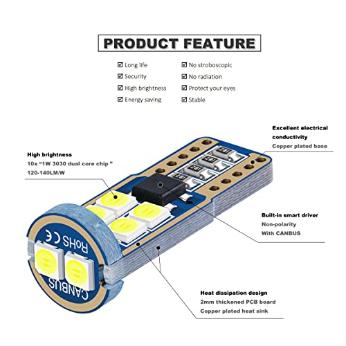 Bombillas LED T10 blancas para auto pack de 10 miniatura 3