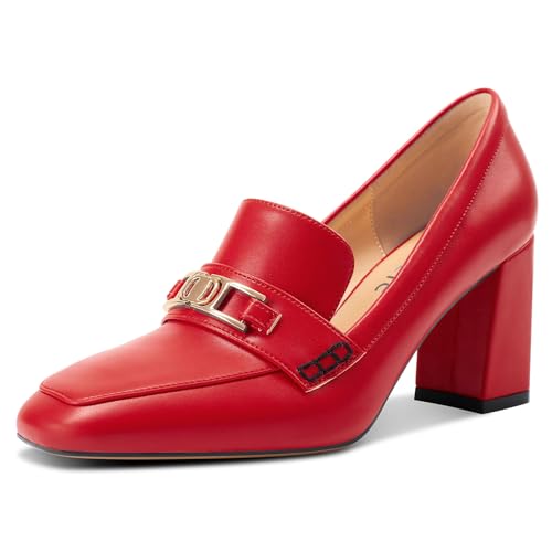 Castamere Mid Block Heels for Women Close Square Toe Slip-on Loafers Metal Buckle Office Casual Pumps 3.2 Inches Shoes