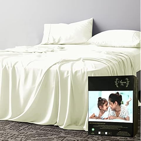 Certified 100 % Long Staple Pure Organic Egyptian Cotton 1200 Thread Count Luxury Soft Silky Sateen Weave -18”Deep Pockets -Easy Fit -Breathable & With Gift Box Packed– King Ivory 4 Piec e Sheet set Cover