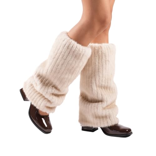 Image of Theater Women Ribbed Fur Leg Warmer - Cream | Soft Faux Fur with Ribbed Knit Base | Cozy Winter Layering Accessory | Stretchable & Free Size