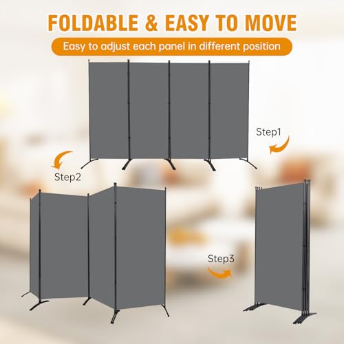 CHOSENM 4 Panel Folding Privacy Screens, 6 FT Tall Wall Divider with Metal Frame, Freestanding Room Divider for Office Bedroom Study (4 Panel, Grey)