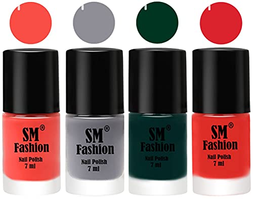 Image of Nail Polish Combo Set (Pack of 4) Quick Dry Gel Finish Nail Paint | Coral,Gray,Dark Green,Candy Orange | 7 ml Each