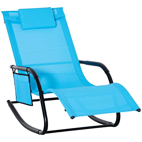 Outsunny Outdoor Rocking Chair, Chaise Lounge Pool Chair For Sun Tanning, Sunbathing, A Rocker With Side Pocket, Armrests & Pillow For Patio, Lawn, Beach, Blue #TOP20