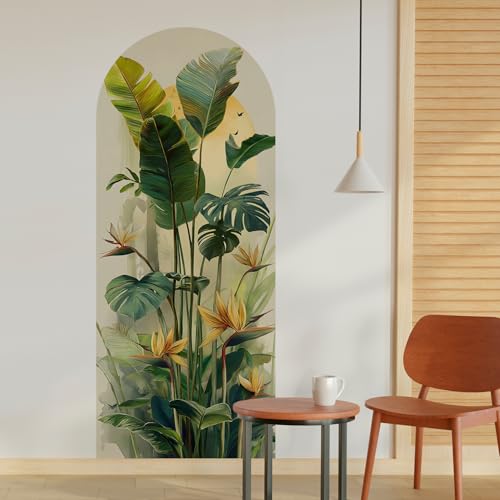 Image of PAPER PLANE DESIGN Tropical Arch Wall Mural - Peel & Stick Banana Leaf & Bird of Paradise Wallpaper - Waterproof Self Adhesive Canvas Texture for Bedroom, Living Room & Entryway, 6ft x 2.5ft (A)