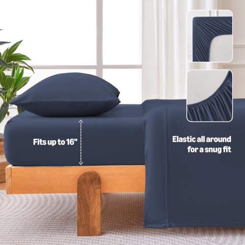 Image of Amazon Basics Jersey Knit 3-Piece Sheet Set, Wrinkle Resistant and Easy Fit, Includes 16 inch Deep Pocket Fitted Sheet, 1 Flat Sheet and 1 Pillowcase, Twin, Navy Blue