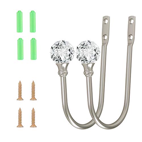 Curtain Holdback, 2Pcs Wall Mounted Drapery Tiebacks With Clear Crystal Ball, Heavy Duty Metal Decorative Window Drapery Curtain Holder Curtain Hooks With Screws, Sliver #TOP1