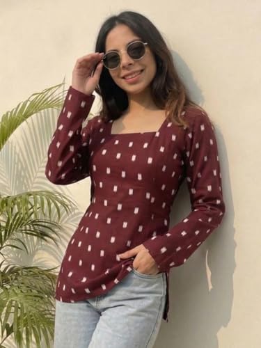 Image of ANNI Designer Women's Viscose Blend Printed Short Kurti | Straight Fit Casual Ethnic Top | Square Neck 3 /4 Sleeve Kurta Office College