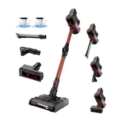 LRF-yxkj Aspiradora Fregona Sin Cable 5 in 1 Menor Ruido,Luces LED,Depósito 200 Ml, Escoba Electrica Sin Cable Fregona Electrica Sin Cable para Alfombra Pelo Mascota Suelo Sofá Cama de Colchón