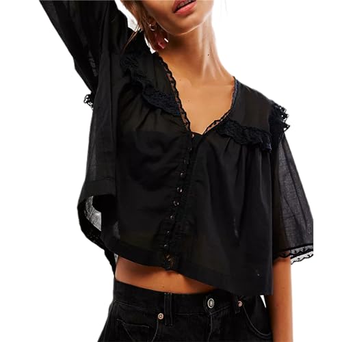 Hassembly Women Summer Cute Chiffon Shirt Low Cut V-Neck Short Sleeve Ruffle Trim Blouse Y2K Going Out Button Down Mesh Shirt