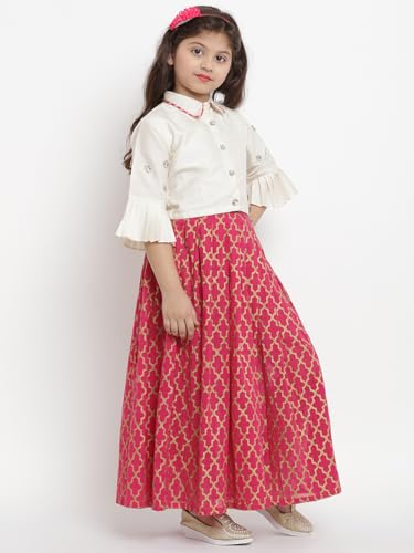 Image of Bitiya by Bhama Girls Off White & Pink Ready to Wear Silk Lehenga & Choli