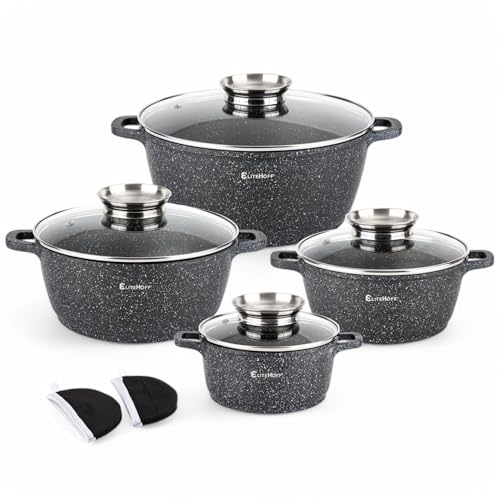 EliteHoff Kochtopf Set Induktion, Topf aus Aluminiumguss mit Antihaftbeschichtung, Topfset mit Glasdeckel für alle Herdarten inkl. Induktion, Gas, Elektro, Halogen, Keramik (Schwarz, 8-teilig)
