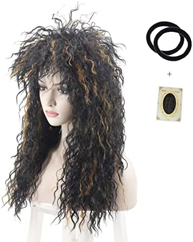 WildCos Long Curly 80s Mullet Wigs Punk Heavy Metal Rocker Wig Halloween Costume Male Cosplay Wig for Women (Black with Reddish Brown)