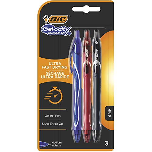 BIC Gel-ocity Quick Dry Bolígrafos Tinta en Gel Punta Media (0,7 mm) - Colores Surtidos, Blíster de 3 Unidades - Bolígrafo retráctil con tinta de secado ultrarrápido