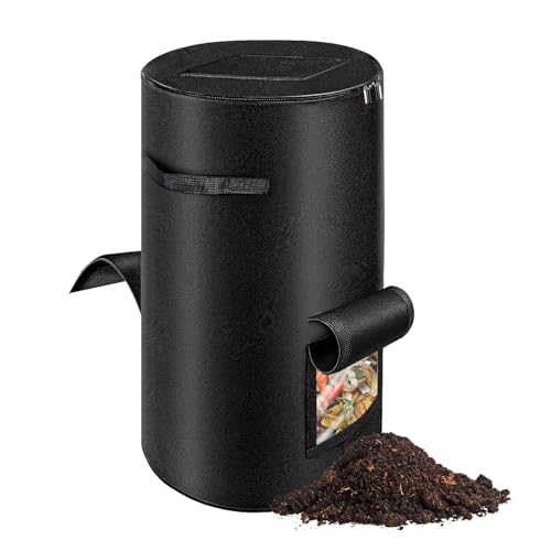 Compost Bins Outdoor with Observation Windows, 34 Gallon Reusable Home Compost Bucket for Outside Garden, Backyard, Heavy Duty Nonwoven Fabric Yard Waste Bag (1 Pack, Black)