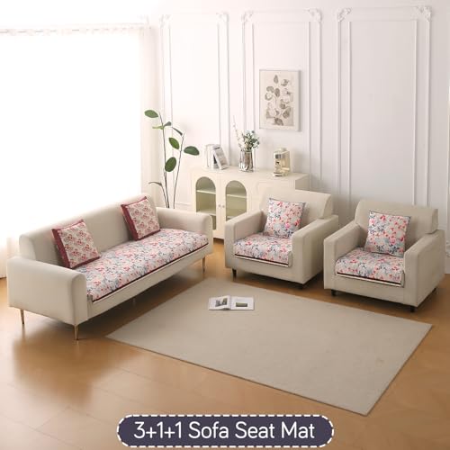 Image of HOKIPO 'Florentina Series' Premium Holland Velvet 5 Seater Sofa Cover Mat in 3+1+1 Configuration with Foam Filling for Extra Softness, Anti-Slip Backing, Scarlet Rose Ivory (IN-881+878 * 2-V4)