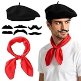 ZPQJV 8 Piezas Disfraz Francés Unisex, Accesorios de Disfraz de Artista para Adultos, Kit de Mimo con Boina, Barba, Bufanda, para Fiestas Temáticas, Carnaval, Cosplay, Halloween