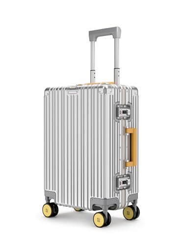 Image of EUME 100% Aluminium Cabin Trolley Bag Small for Travelling 50cm | Durable High-End 8 Silentrun 360 Degree Spinner Wheels | Premium Trolley Bag Small for Travel (Silver with Yellow Wheels)