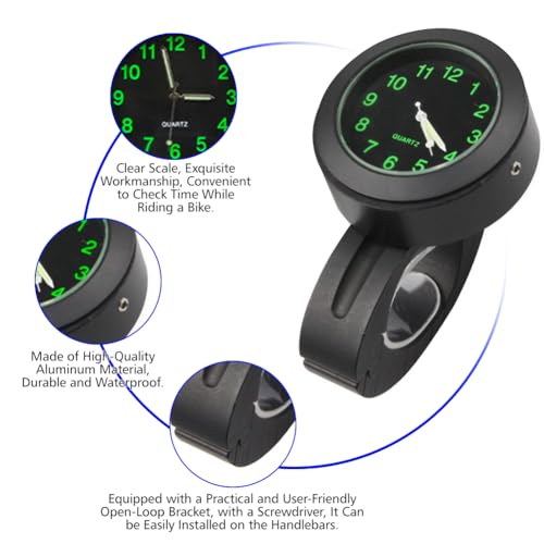 Tulov 2 Stück Uhr Motorrad,Schwarz Durchmesser 22-25mm Wasserdicht Leuchtende Motorraduhren für Lenker, Motorraduhr mit Batteriefachdeckelöffner zur Montage am Motorradlenker