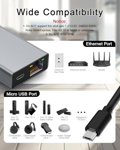 Image of YEZriler Ethernet Adapter for Fire TV Stick, Micro USB to RJ45 Ethernet Adapter Compatible with Fire TV Stick /4K /4K Max, Cube, Chromecast Ultra Audio - Grey