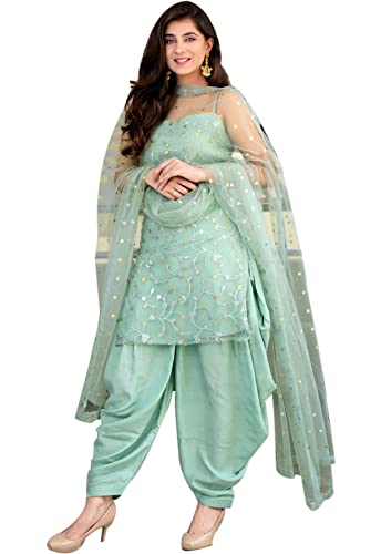 IYALAFAB WOMEN'S Net Punjabi Suit Semi Stitched Salwar Suit (Patiyala Suit) (New anarkali shuitSF201299 Blue Free Size)