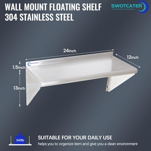 Image of 2 Pack Stainless Steel Shelf 12 inchx24 inch 260LB, Commercial Wall Mounted Metal Shelving for Home Kitchen, Restaurant
