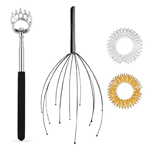 Rückenkratzer Kopfhaut Massage, Teleskop-Rückenkratzer, und 2 Stk Fingermassage Ringe, Geschenk für Perfekten Stressabbau, Entspannende Massage, Fördern Die Durchblutung, Halten Gesund Cover