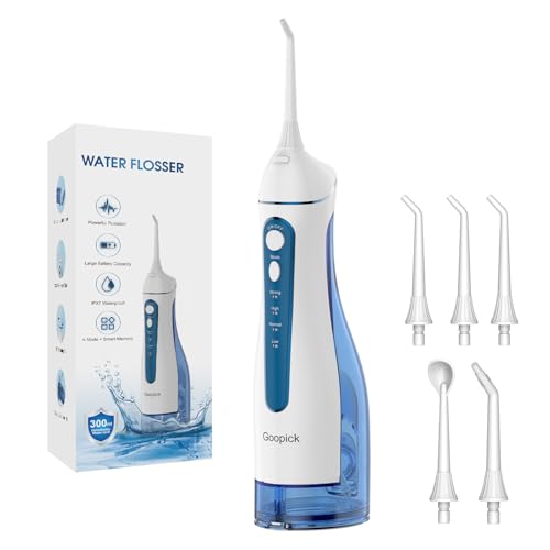 Cordless Portable Water Flosser with 300ML Tank: Rechargeable Oral Irrigator with 5 Tips for Travel, Braces Care and Sensitive Gums, IPX7 Waterproof Teeth Cleaning Device(Blue