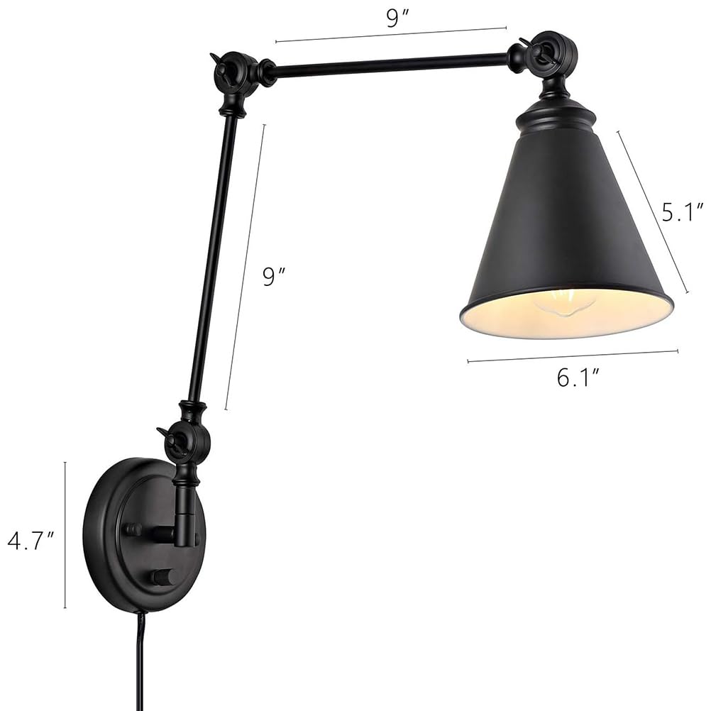 2 sztuki regulowanych kinkietów z długim ramieniem i przełącznikiem, ściemnialna lampa ścienna w stylu vintage, lampa do czytania E27 do użytku wewnątrz, z obrotowym ramieniem, z wtyczką i kablem 1,8