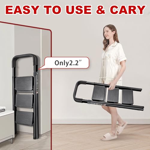 JaxSteam 3 Step Ladder with Handrails and Anti-Slip Wide Pedal 330lbs Capacity Lightweight Folding Step Stool for Home Kitchen Office(Black-F, 3-Step with Handrail) by JaxSteam - Image 5