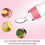 Baby Mate Silicone Baby Food Dispensing Spoon Feeder (Pink, 4oz/120ml, for 4 Months+ Babies) - Silicone Travel Infa Feeder Infant Feeders for Cereal and Baby Food - Silicone Squeeze Feeder with Spoon