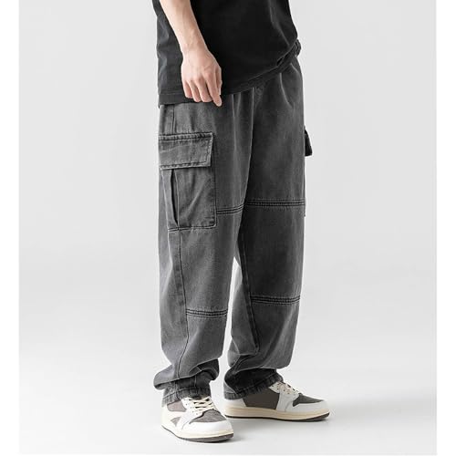 Men's Straight Cargo Jeans Multi Pocket Patchwork Pants Baggy Jogger Pants Black Tactical Pants Mens Rave Pants3