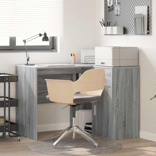 Yunovire Escritorio esquinero Sonoma gris, 102 x 50 x 75 cm, material de madera, con cajón y 6 estantes, para oficina en casa, estudio moderno, ahorra espacio
