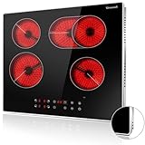 GRACEALL 24 inch Electric Cooktop 4 Burners Hot Plates for Cooking, Four Elements Hotplate Stove, 220V Ceramic Hotplate Built-in Infrared Cooker, Glass Cook Top with Metal Frame