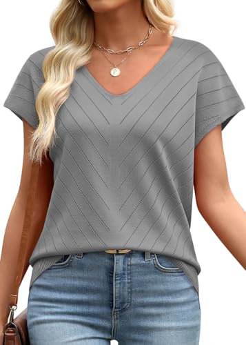 Image of WIHOLL Short Sleeve Sweater for Women V Neck Trendy Summer Tops 2026 Beach Vacation Clothes Travel Business Casual Outfits