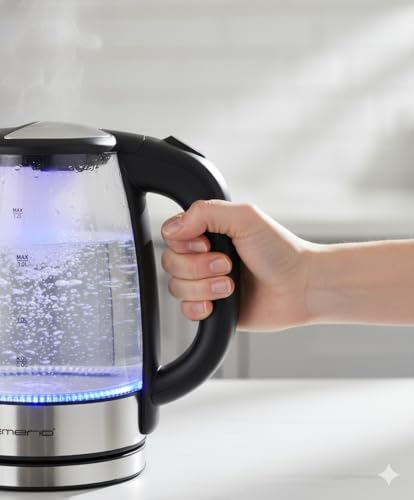 Foto von EMERIO Glas Wasserkocher mit 1.7 Liter Volumen | 2200 Watt | blaue LED Innenbeleuchtung | 360° Basis | SIEGER Preis/Leistung Haus & Garten Test | bestes Borosilikatglas | BPA frei | WK-119988.7