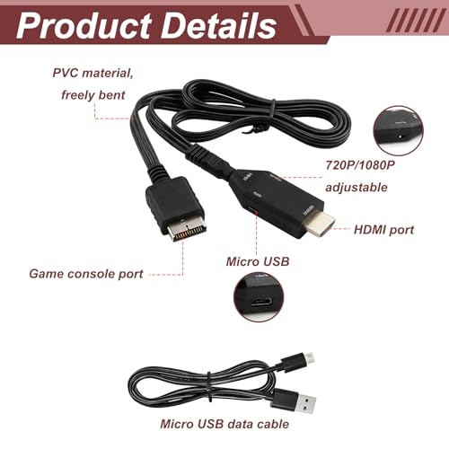 Adapter PS1/PS2 na HDMI z kablem AV, konwerter PS1/PS2 na HDMI 720P 1080P, stabilny sygnał bezstratny, Plug and Play do retro konsol do gier, kompatybilny z telewizorami HD