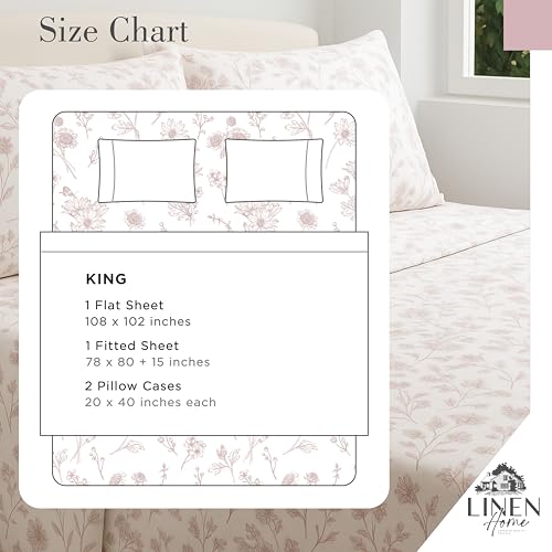 Image of Linen Home 100% Cotton Printed Percale Sheet Set King Size, 4 Piece Deep Pocket Floral Bedding, Crisp Cool & Breathable, Fade-Resistant Design, Hotel Luxury, Long-Staple Combed Cotton, Mauve Botanical