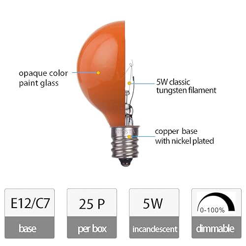 NIOSTA 25 Pack G40 Replacement Bulbs,5W 120V Incandescent Glass Bulbs,for E12 Outdoor String Lights,Ceramic Orange by NIOSTA - Image 2