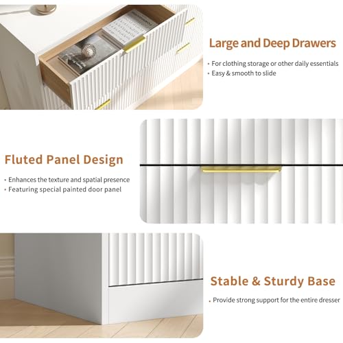 Image of White Fluted Dresser Bedroom with 8 Drawer,55 inch Wide White Double Drawer Dresser Modern Chest of Drawers with Gold Handles,Wood TV Stand for Bedroom,Living Room
