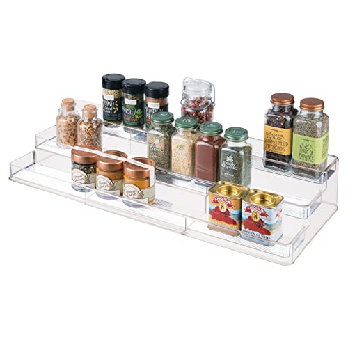 mDesign Plastic Shelf Adjustable & Expandable Spice Rack Organizer with 3 Tiers of Storage for Kitchen, Cabinet, Pantry Organization – Holds Spice Bottles, Seasonings – Ligne Collection – Clear
