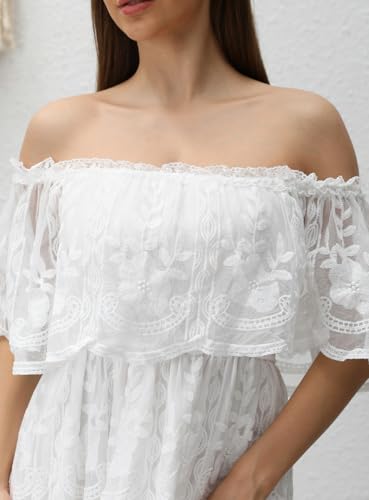 Image of HOYISHION Women's Off The Shoulder Floral Lace Maxi Dress White Bridesmaid Wedding Party Maternity Photoshoot Long Dresses