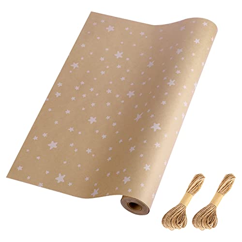 Papier cadeau kraft marron écologique à étoiles blanches pour emballage anniversaire 43cm x 15m