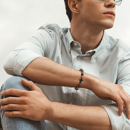 9Pcs Beaded Bracelets Cross Bracelet for Men Women Tiger Eye Natural Stone Bracelet Religious Christian Jewelry Gift2