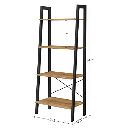 VASAGLE ALINRU Ladder Shelf, 4-Tier Bookshelf, Storage Rack Shelves, Bathroom, Living Room, Industrial Accent Furniture, Steel Frame, Honey Brown and Black ULLS044B05