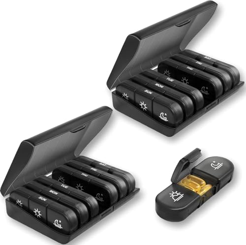 2 Pcs Pill Organizer Portable Pills Storage Box 3 Times in Day 1 week Light-Proof Medicine Organizer Light Weight Storage Container for Travel (2 Black)