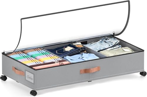 LESHZHEN Under Bed Storage with Wheels, Under Bed Storage Container with Dividers & Clear Lids, Under the bed storage Organizer Bins,Underbed Storage with Wheels for Clothes,Toys,Shoes (GREY, 1 Pack)