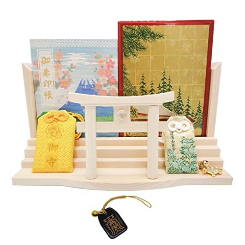 モダン 神棚 お札 御朱印帳 お祀り スタンド 御神札 立て 水晶 鳥居 お守り 飾り 大 壁設置用ビス付き (金来符根付)