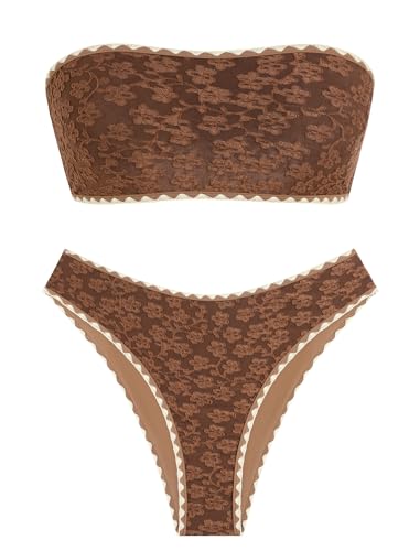 Image of ZAFUL Women's High Cut Bandeau Bikini Set Strapless Solid Color 2 Pieces Bathing Suit Swimsuit